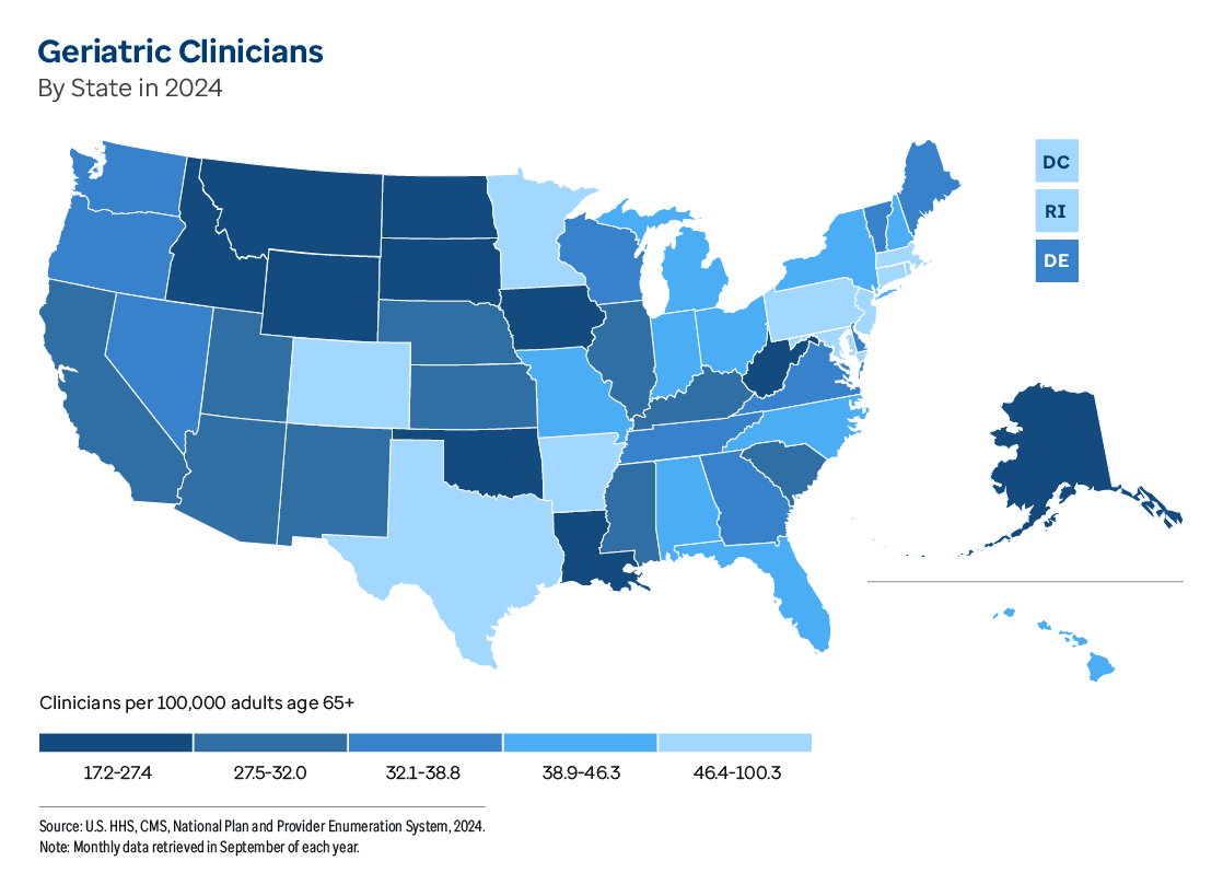 Graphic representation of Geriatric Clinicians By State in 2024 information contained on this page. Download the full report PDF from the report Overview page for details.